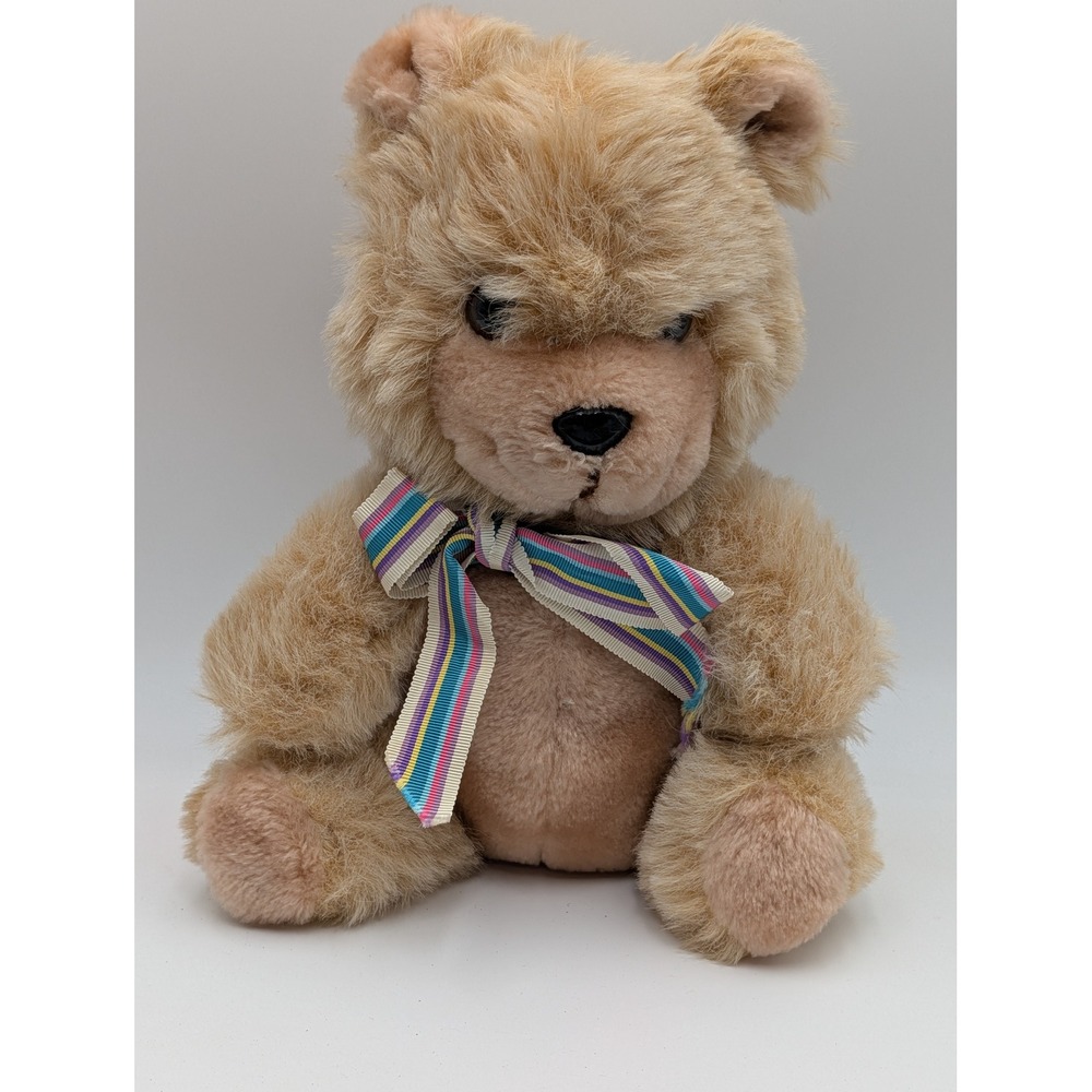 Personality Plush Teddy Bear Tan Vintage Rainbow Striped Bow Korea